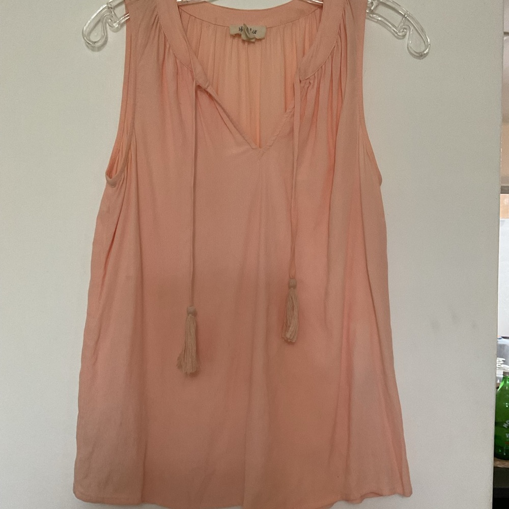 Sleeveless Peach Tassel Tie Blouse